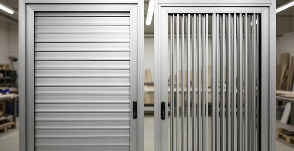 Dos muestras de paneles de puerta de aluminio mostrando diferencia entre lamas occultantes y barras de visibilidad