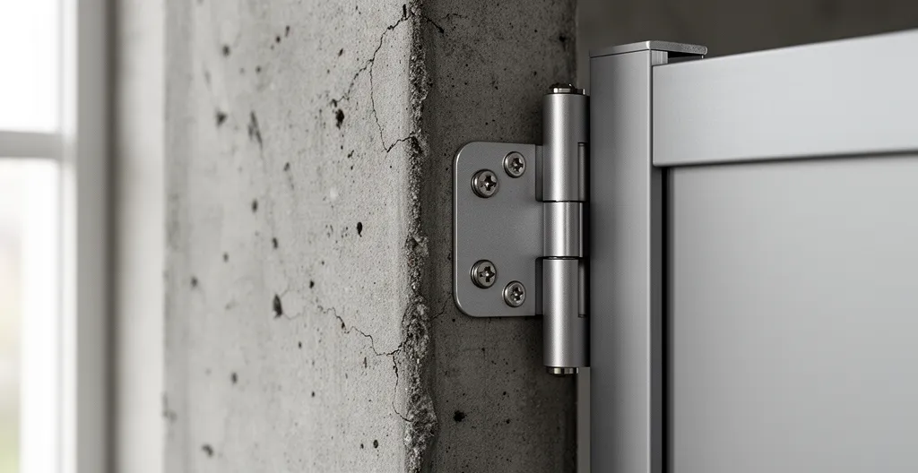 Primer plano de bisagra de aluminio anodizado fijada a pilar de hormigón