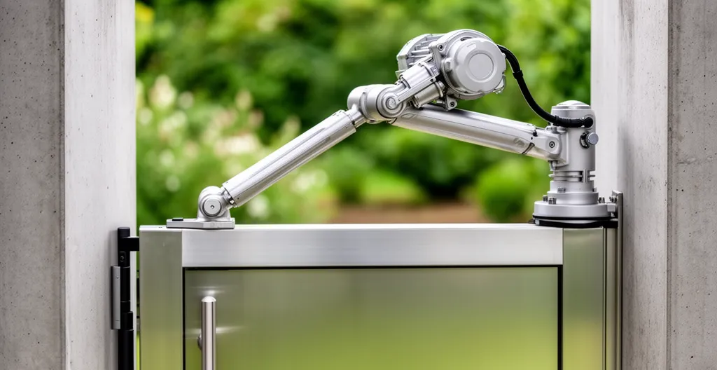 Motor de brazo articulado instalado en parte superior de puerta batiente de aluminio