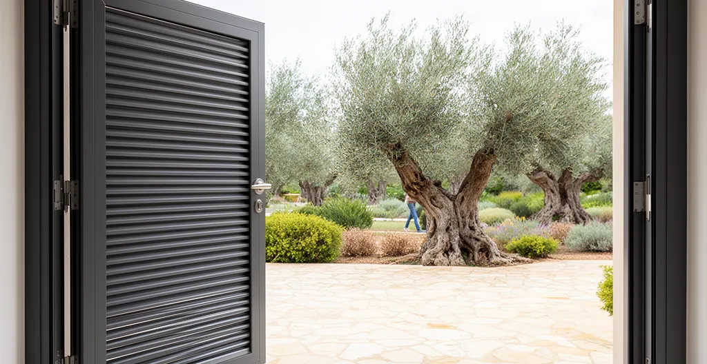 Puerta batiente de aluminio gris antracita con lamas horizontales en entrada de chalet residencial