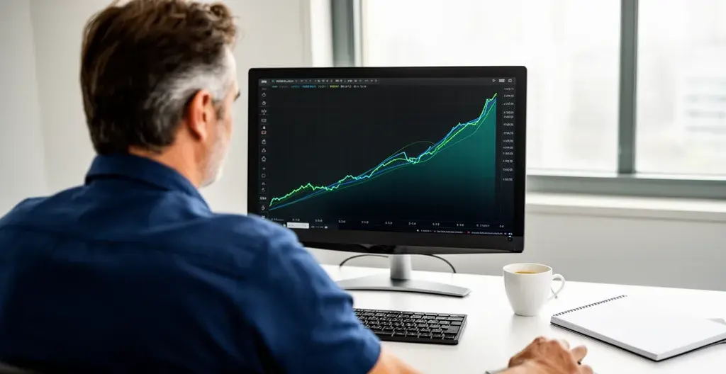 Profesional analizando evolución de precios inmobiliarios en pantalla para comparación de ciclos