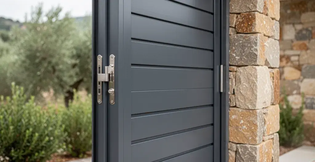 Detalle perfil puerta batiente aluminio gris antracita con bisagras acero