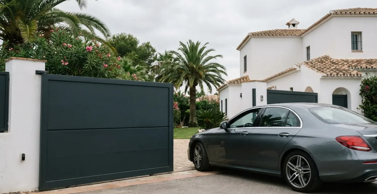 Puerta batiente aluminio exterior abriéndose en vivienda mediterránea española