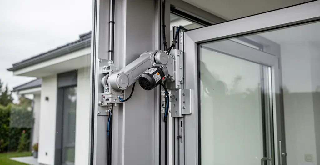 Motor de brazo articulado instalado en puerta batiente de aluminio