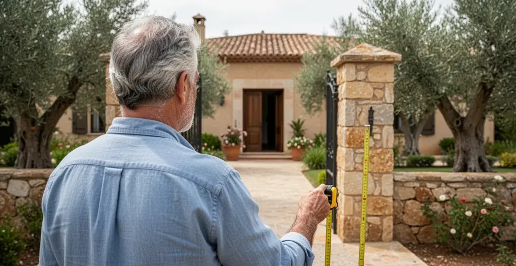 Propietario español evaluando espacio entrada para puerta batiente exterior