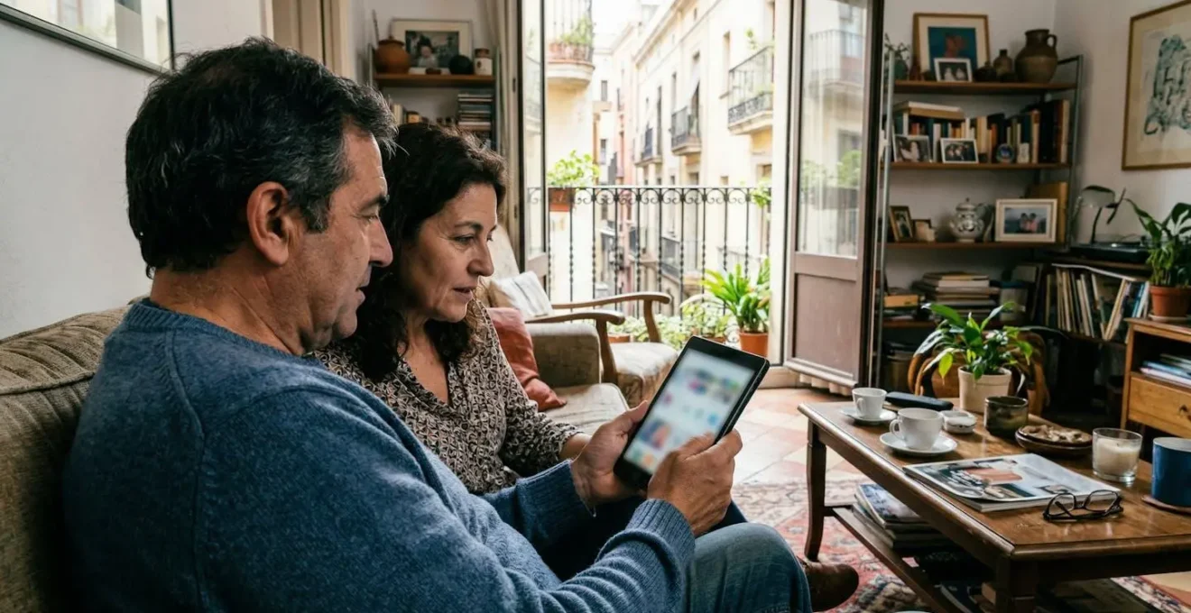 Una pareja de mediana edad mira concentrada una tablet en el salón de un piso con balcón, luz natural entrando por la ventana