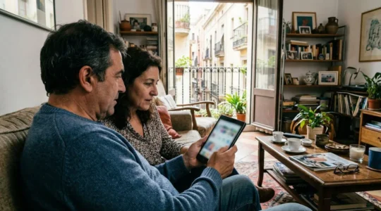 Una pareja de mediana edad mira concentrada una tablet en el salón de un piso con balcón, luz natural entrando por la ventana