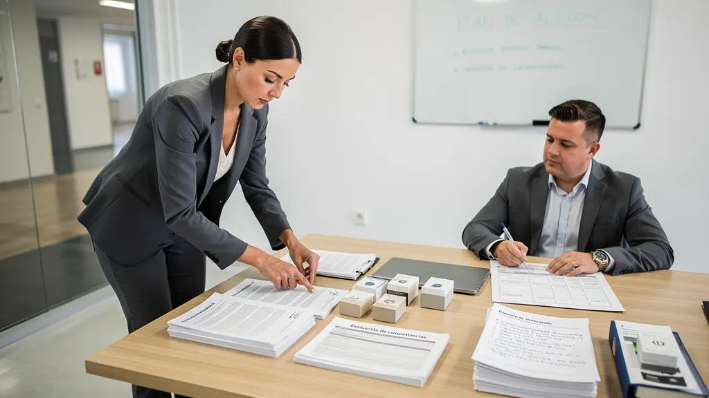 Candidata realizando una evaluación práctica de competencias mientras un evaluador de recursos humanos observa y registra el desempeño en un centro de assessment