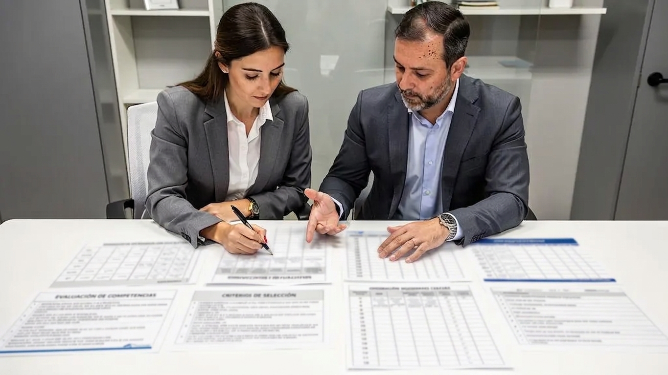 Dos profesionales de recursos humanos de pie junto a una mesa de trabajo, revisando y alineando criterios de evaluación estructurados antes de iniciar entrevistas a candidatos